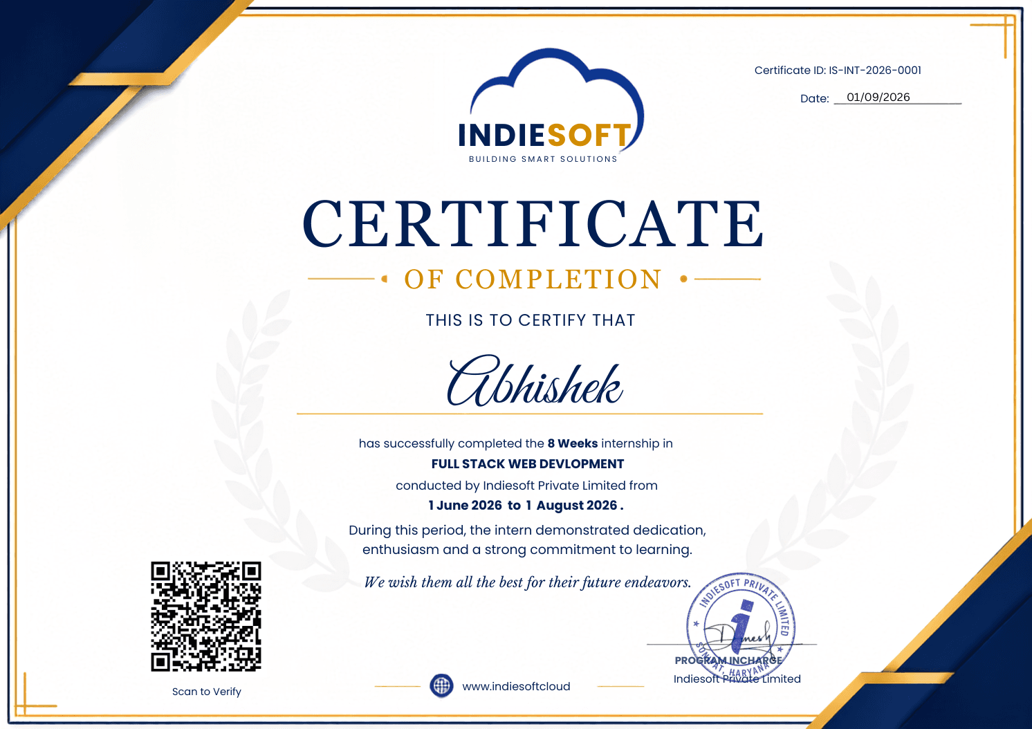 Internship certificate issued to Abhishek, number IS-INT-2026-0001