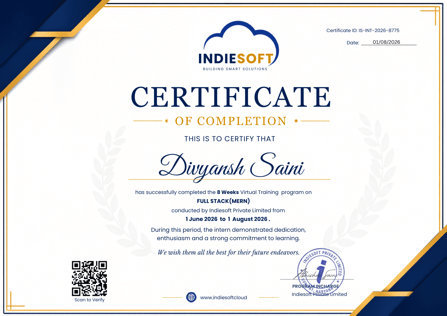 Internship certificate issued to Divyansh Saini, number IS-INT-2026-8775