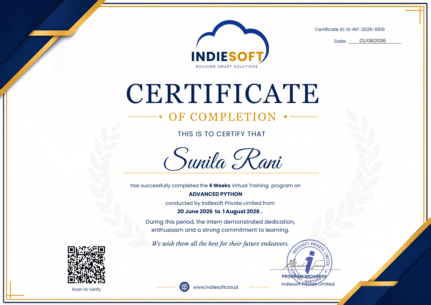 Internship certificate issued to Sunila Rani, number IS-INT-2026-6516